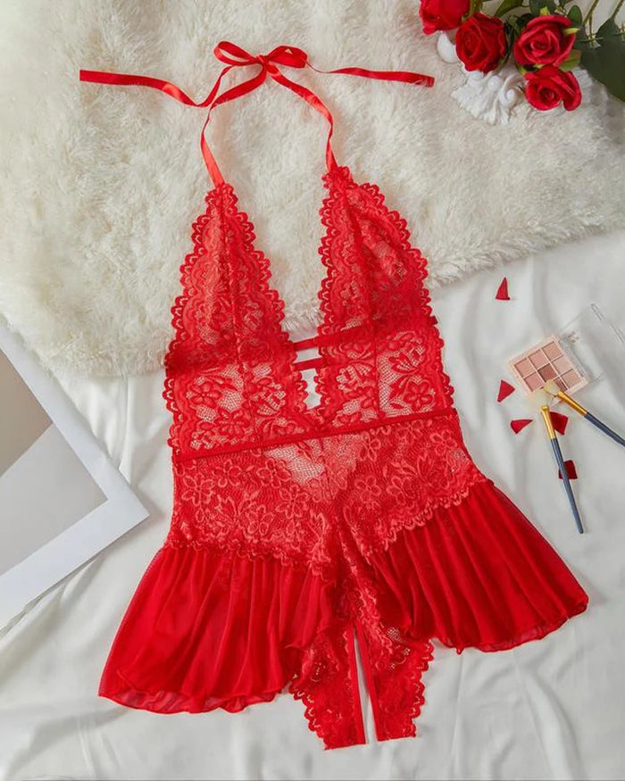 Pyjama sexy en dentelle unie pour femme