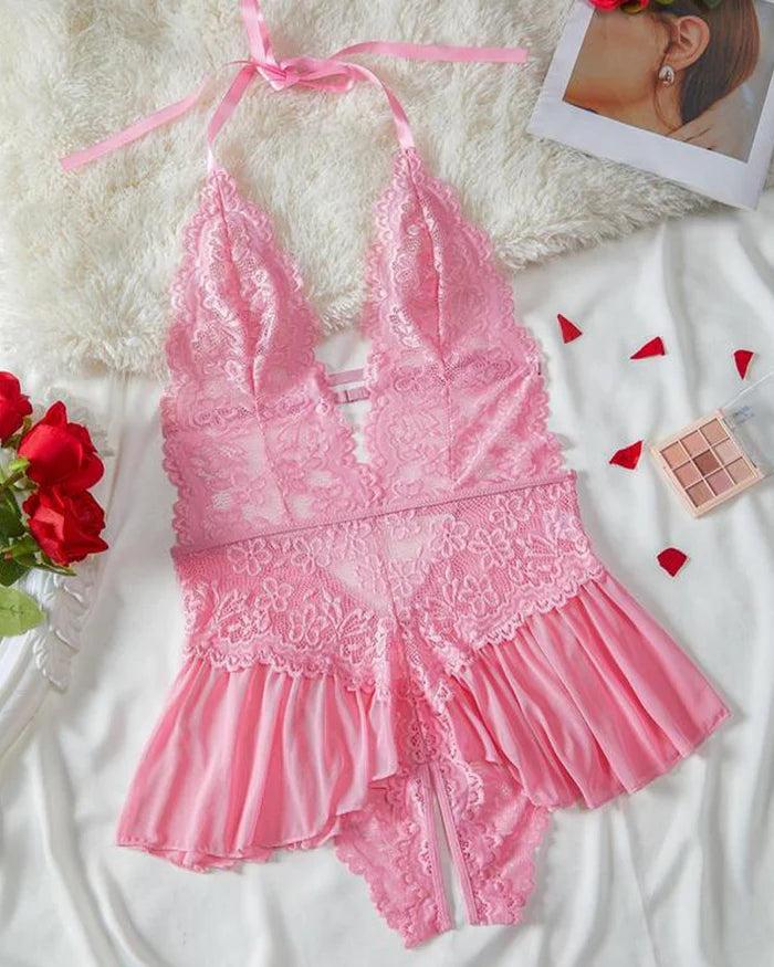 Pyjama sexy en dentelle unie pour femme